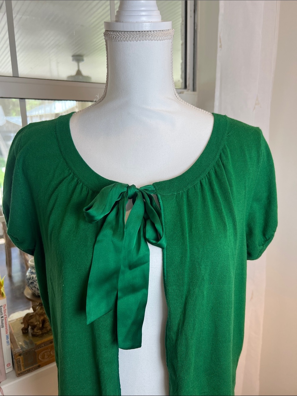 Ann Taylor Loft Green Tie-Front Short Sleeve Cardigan size large. - Picture 2 of 6
